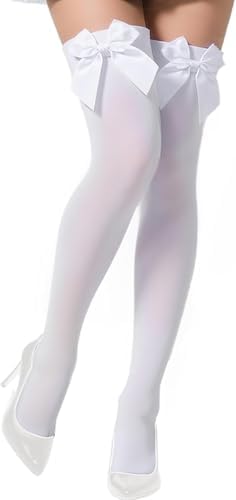 Womens Thigh Highs with Satin Bow Accent Sexy Over the Knee Stockings for Halloween, Parties & Cosplay Outfits
