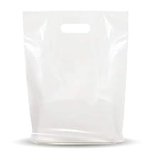 White Glossy Plastic Shopping Bags with Die-Cut Handles, 100 Pack 9 x 12 Inch Retail Merchandise and Gift Bags, 1.25 Mil Thick for Small Business, Events, Parties