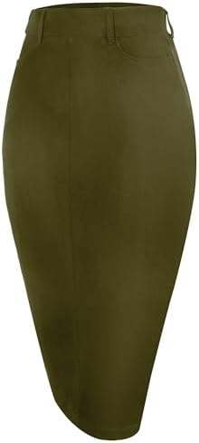 Houmous Womens Cotton Work Pencil Skirt Stretch Office Midi Below Knee Bodycon Belt Loops Back Slit Pockets