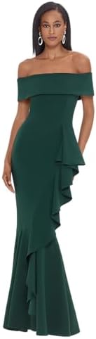 Betsy & Adam Womens Betsy & Adam Womens Floor-Length, Off-The-Shoulder, with Cascading Ruffle Detail and Fitted Silhouette