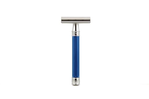 Edwin Jagger 3ONE6 DE Stainless Steel Safety Razor, Grooved, 1x Pack of DE Razor Blades (Anodized Blue)