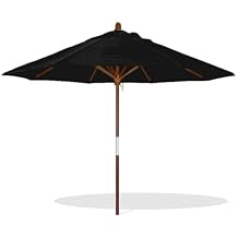 7ft Wood Garden Umbrella, Pulley Lift, UV-Resistant, 9ft Round Outdoor Table Parasol with 8 Sturdy Ribs for Patio, Deck, Pool, Market(Black,7ft/210cm)