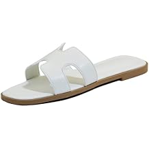 Women's Flat Sandals, Ladies Slip on Leather Slippers, Comfy Dressy Flat Shoes Elegant Slides Summer Fall Spring Cute Open Toe Casual Wear