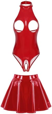 Women Pu Leather Lingerie Outfits Chest Hollow Out Bodysuit with Miniskirt for Clubwear