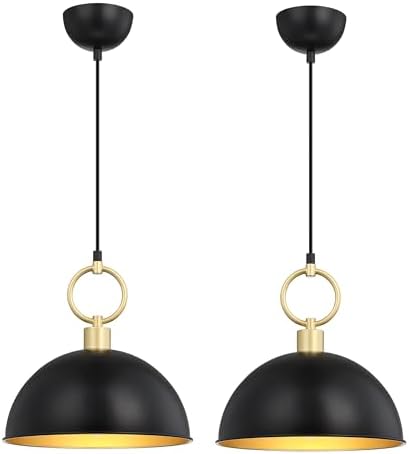 Pendant Lights Kitchen Island,Dining Room Light Fixtures Over Table 2 Pack with Black and Gold Dome Metal Shade, Adjustable Cord Hanging Lighting for Bar,Sink