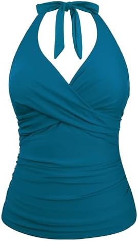 Hilor Womens Underwire Tankini Tops Ruched Tummy Control Bathing Suit Tops Plunge Halter V Neck Swimsuit Twist Swim Top Only