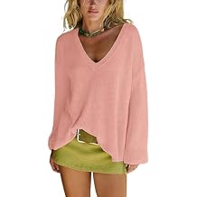 Faleave Women's Reversible V-Neck Sweater Tunic Off-Shoulder Ribbed Trim Long Sleeve Top