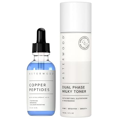 Asterwood Copper Peptides Serum 2oz + Dual Phase Milky Toner | Copper Peptides Serum for Face, GHK-Cu Peptide w/Hyaluronic Acid | Dual Phase Milky Toner, Glutathione & Matrixyl 3000, 4 Fl