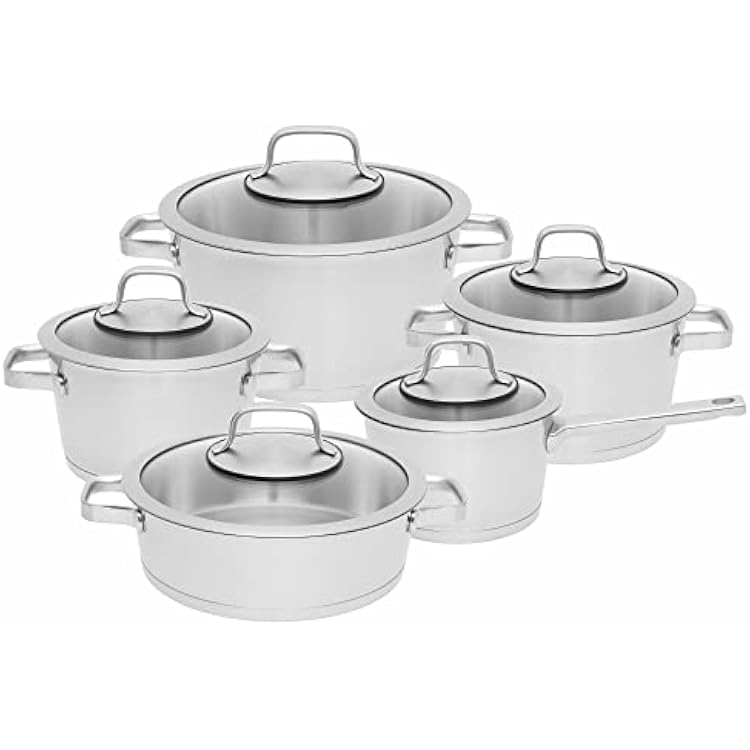 BergHOFF 1110005 10pc S Pans Saucepans Kits Kit Stainless Steel, Stainless Steel, Stainless Steel, Stainless Steel, Glass, Ceramic, Gas, Halogen, Induction, Sealed Plate
