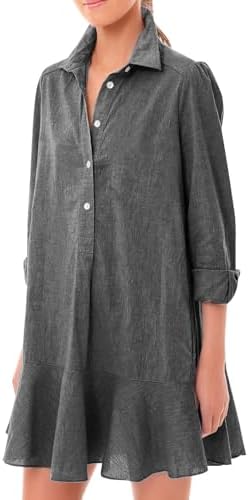 Clearance Items for Women Peime Button Up Shirt Dress, Shirt Dresses for Women 2024 Linen Long Sleeve Button Up Ruffle Hem Flowy Mini Dress Summer Casual Loose Fit Fashion Clothes Grey