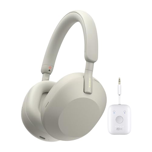 Sony WH-1000XM5 Wireless Noise Canceling Over-Ear Headphones Silver Bundle with Bluetooth Audio Transmitter 2 Items