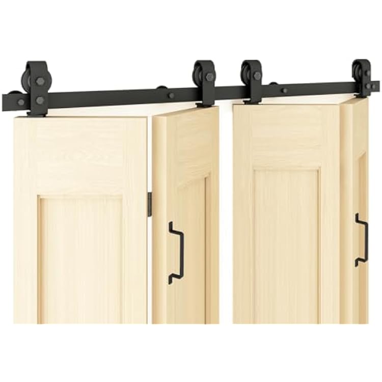 DIYHD 88 Bi-Fold Sliding Barn Door Hardware for 4 Doors,Fit Max Door Width 84,Smooth and Quietly Top Mount Folding Roller,Rustic Black,No Doors