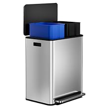 16 Gallon Dual Compartment Trash Can,60l Pedal Recycling Bin,Stays Open and Soft Close,Removable Inner Bucket, Stainless Steel Recycling Dustbin for Kitchen, Dining Room