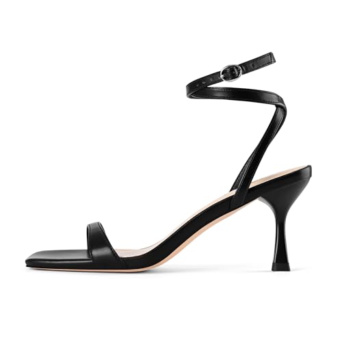Adrizzlein Kitten Heels for Women Strappy Heels Square Open Toe Lace up Heeled Sandals Dress Shoes