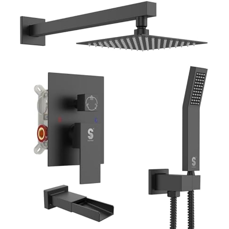 SR SUN RISE 8 Inches All Metal Bathtub and Shower Faucet Combo Shower System with Tub Spout, Shower Tub Faucets Sets Complete Shower Head with Handheld Shower Fixtures, Valve Included, Matte Black