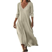Xiaojmake Linen Dresses for Women Flowy V Neck 3/4 Sleeve Long Dress 2025 Lightweight Spring Beach Vacation Maxi Dresses