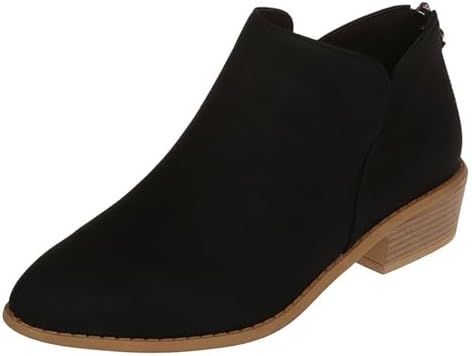 Womens V Cutout Stacked Heel Ankle Boots Faux Suede Comfortable Back Zipper Pointed Toe Low Heeled Pull On Short Western Boots Autumn Winterback Zipper Dress Casual Work Bootie