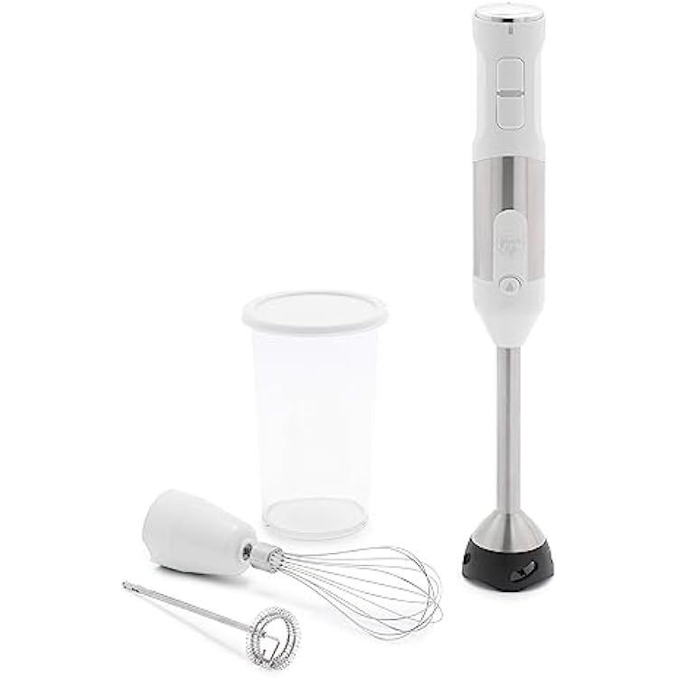 GreenLife 500-Watt Immersion Electric Handheld Stick Blender with Stainless Steel Blades, Whisk, Frother, Measuring Cup and Lid, Soups, Puree, Cake, Multi-Speed Control, Portable, White