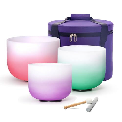 Hye-eun Crystal Singing Bowls Set, 432HZ 8-12 Inch Quartz Gradient Color Chakra Tuned Singing Bowl Set of 3 8B 10F 12C for Sound Healing with Carrying Case Suede Striker and Rubber Mallet