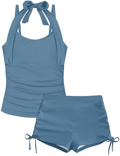 Girls Swimsuit 2 Piece Halterneck Tankinis with Back Cross Straps Drawstring Shorts Girls Bathing Suit for Teens 9-18Y