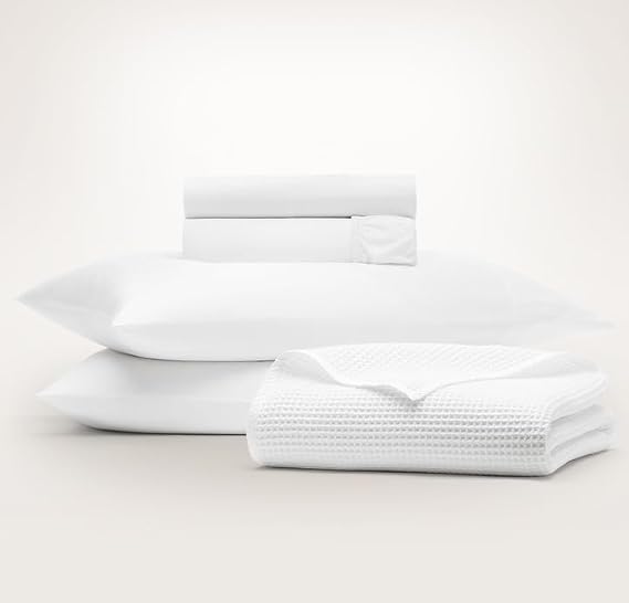 BOLL & BRANCH Waffle & Signature Starter Bundle - 1 Sheet Set, White, Queen - 1 Waffle Blanket, White, Full/Queen - 100% Organic Luxury Cotton