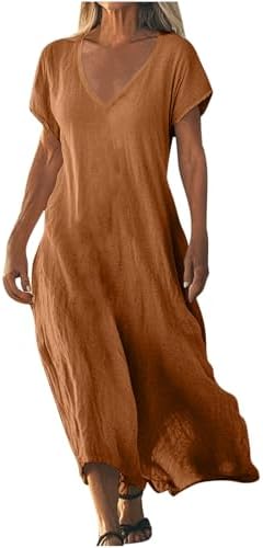 Flowy Dresses for Women 2025 Cotton Linen Maxi Dress V Neck Short Sleeve Summer Dress Casual Beach Vacation Clothes