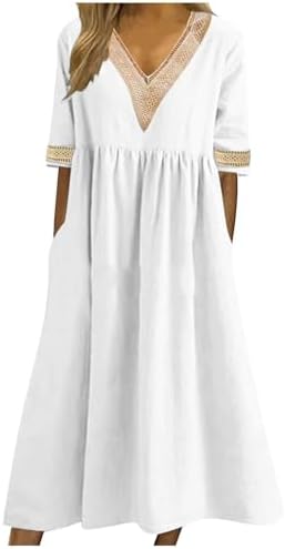 Womens Solid Maxi Dresses V Neck Lace Patchwork Short Sleeve Loose Fit Smocked Hem Flowy Dress with Pockets