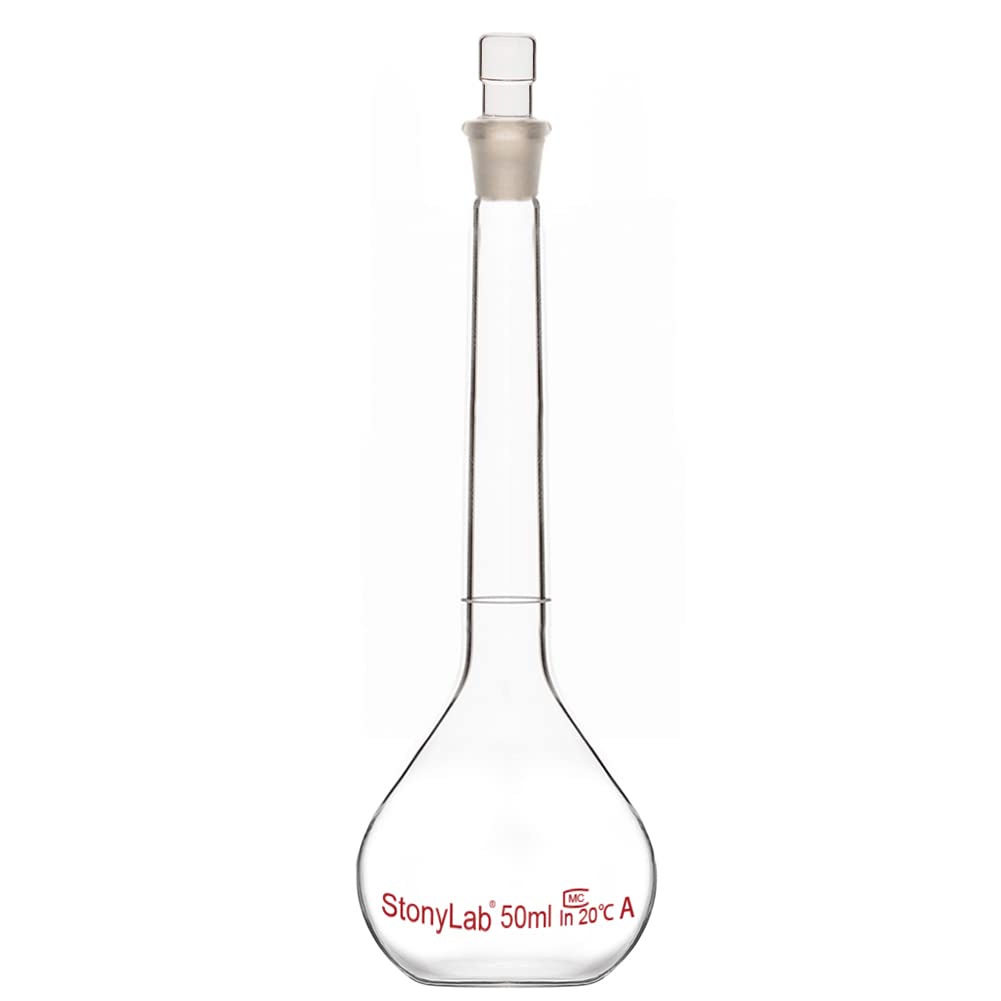 stonylab Glass Volumetric Flask Class A with Glass Stopper, Borosilicate Glass Heavy Wall Volumetric Flask Tolerance ±0.05 ml, 50 ml