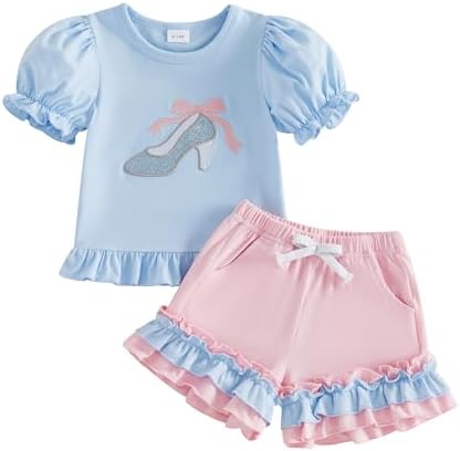 fhutpw Toddler Baby Girls Summer Clothes Smocked Short Sleeve T-Shirt Tops Ruffled Plaid Short Sets Cute Outfits 2Pcs