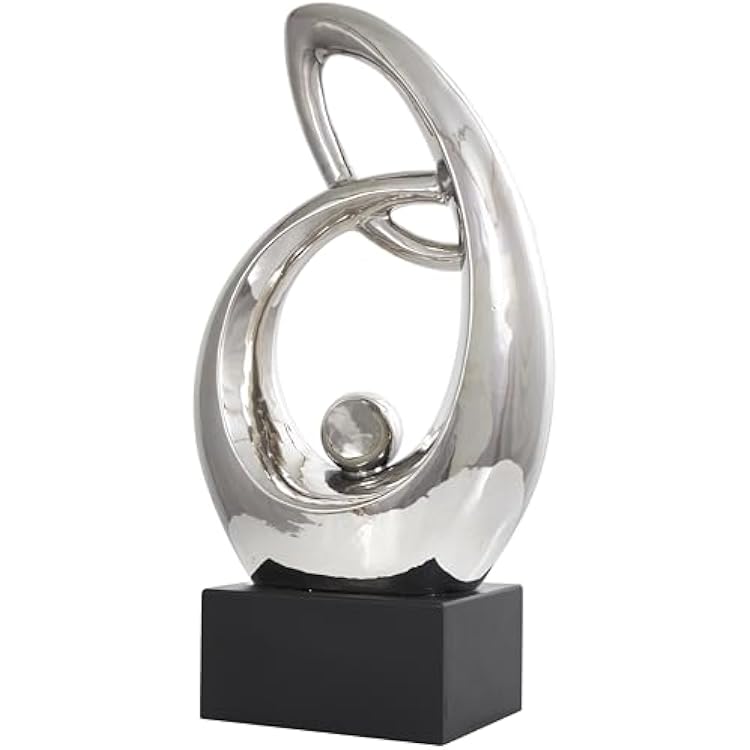 Deco 79 Ceramic Abstract Decorative Sculpture Looped Home Decor Statue with Black Block Base, Accent Figurine 14 x 7 x 25, Silver