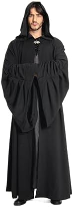 Mens Hooded Cloak Robe Tunic Knight Cosplay Halloween Costume Black Outfits 2 pieces