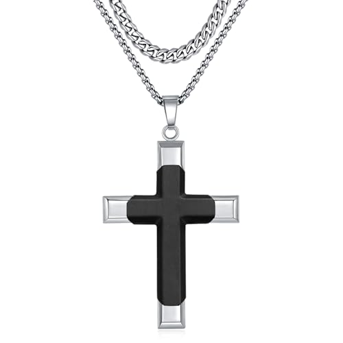 Wooden Cross Necklace for Men, Real Ebony Inset In 316L Stainless Steel Christian Wood Crucifix Pendant, Includes 2 Cuban Chains