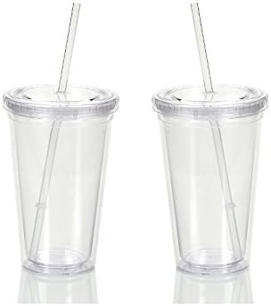 Reusable Double Wall Insulated Acrylic Tumbler Cups with Straw and Lid, 2 Set Package 16 Oz, Clear Straws by