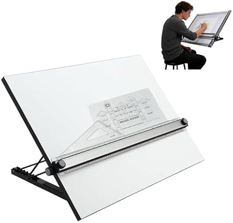 Multi-Angled Drawing Board with Ruler and Parallel Motion Bar, Portable Laminated Surface for Sketching, Drafting, and Painting
