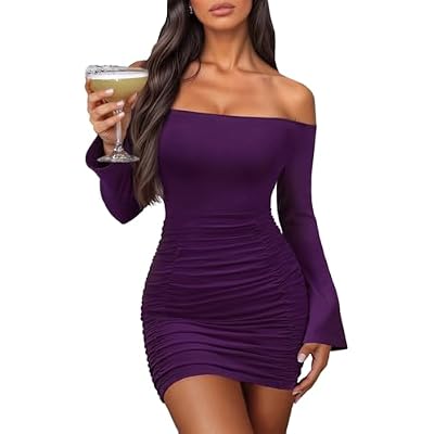 Womens Off Shoulder Bodycon Mini Dress Elegant Long Sleeve Ruched & Ribbed Tight Fit Clubwear for Cocktail Party,Date Night