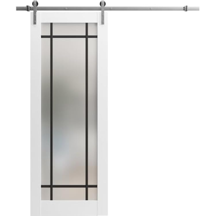 Sturdy Barn Door Frosted Tempered Glass | Planum 2112 White Silk | 6.6FT Silver Rail Hangers Heavy Hardware Set | Modern Solid Panel Interior Doors-30 x 80-Frosted Glass-Silver Rail
