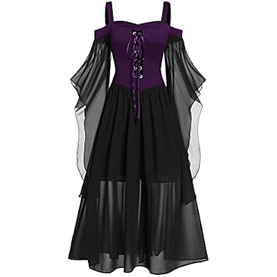 Cold Shoulder Gothic Dress,Womens Plus Size Butterfly Sleeve Lace Up Halloween Dress Irregular Mesh Lace Up Dress