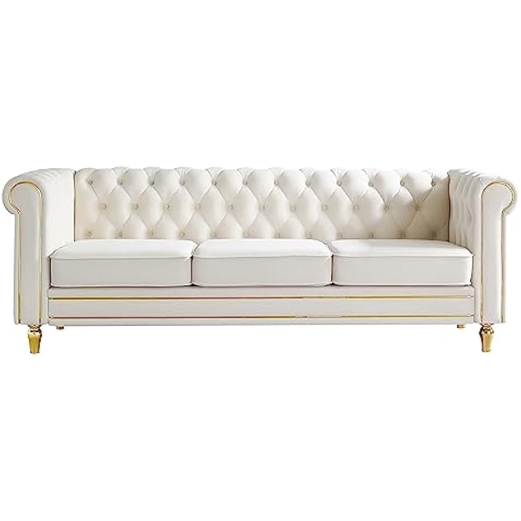 84 Modern Sofa Couch for Living Room, 3 Seater Couch Comfy Velvet Sofa Button Tufted Rolled Arms and Gold Legs, Chesterfield for Home StudioOffice, Bedroom, Beige