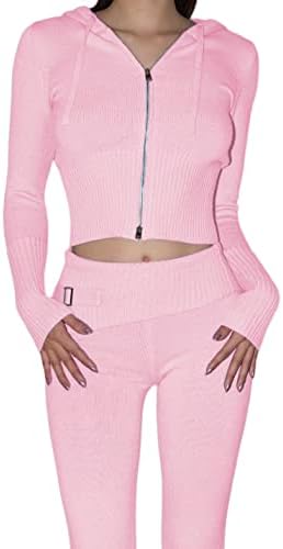 Zhiyouni Womens Kintted 2 Piece Outfits Long Sleeves Zip Up Hooded High Waist Skinny Pants Set Loungewear
