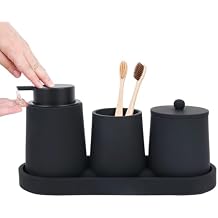 Black Bathroom Accessories Set - 4 Pcs Bathroom Accessory Sets with Toothbrush Holder,Lotion Soap Dispenser,Qtip Holder Dispensr & Vanity Tray,Bathroom Countertop Vanity Oganizer - Matte Black
