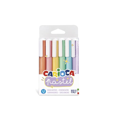 Carioca Pastel Highlighters 6-Pack Soft Color Chisel Tip Markers, Washable Water-Based Ink, 5 mm Tip, Non-Toxic, Art & School Supplies, Made in Italy