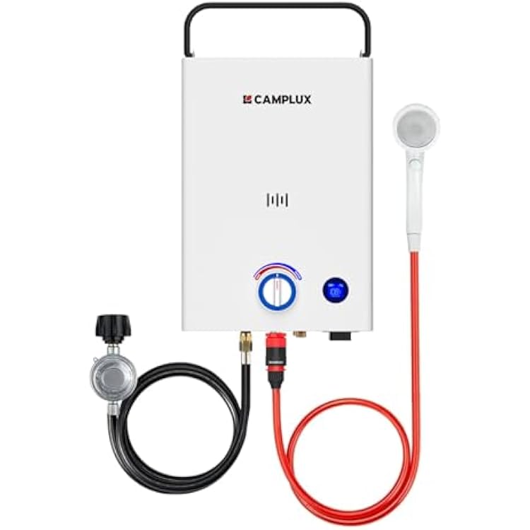 CAMPLUX First F10 Tankless Water Heater with 3-Level Adjustable & Foldable Handle, 2.64GPM, Screw-Free Design, 68,000 BTU Outdoor Portable Propane Water Heater for Camping, LED Digital Display, White