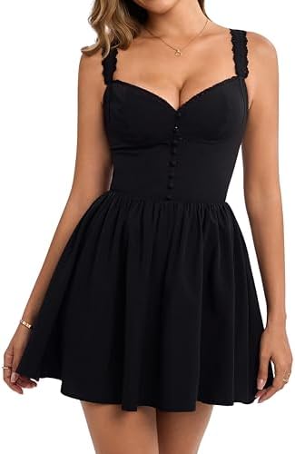 Parthea Womens Summer Cute Corset Mini Dress Lace Spaghetti Strap Sweetheart Flowy A-line Gingham Short Dresses