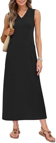 MISFAY Women Summer Maxi Dresses 2026 Casual V Neck Wrinkle-Free Long Sundress Slit Shirt Dress Vacation Outfits with Pockets