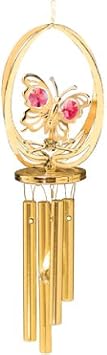 24K Gold Plated Wind Chime Sun Catcher or Ornament Butterfly in Elipse with Red Mascot Crystal