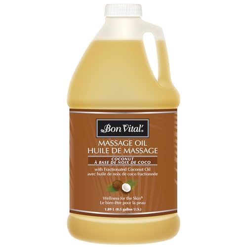 Bon Vital Coconut Massage Oil, 12-Gallon Container, 100% Pure Fractionated Coconut Oil for Dry Skin, Lightweight Non-Greasy, Neutral Scent, Non-Staining, for Massage Therapy & At-Home Use