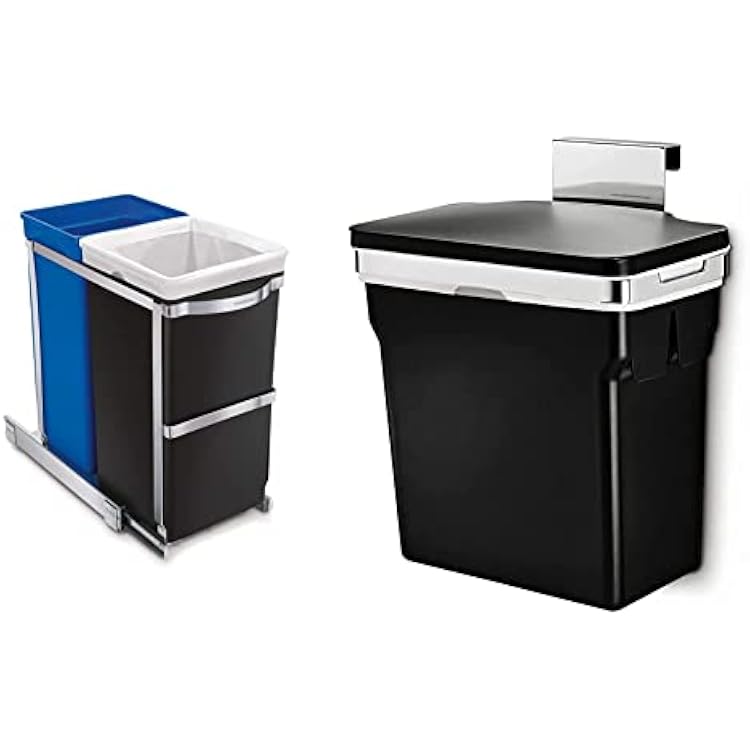 simplehuman 35 Liter  9.3 Gallon Dual Compartment Under Counter Kitchen Cabinet Pull-Out Recycling Bin and Trash Can & 10 Liter  2.6 Gallon in-Cabinet Trash Can Heavy-Duty Steel Frame, Black