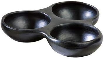 Authentic La Chamba Triple Salsa Dish - Elegant, All-Natural Black Clay Bowl for Appetizers, Condiments and More Earthenware, Handmade in Colombia, 13" x 10" x 4"
