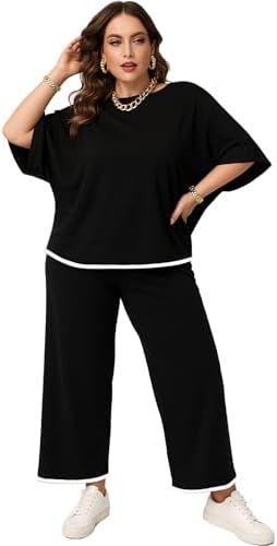 Plus Size 2 Piece Outfits for Women Lounge Sets Top 34 Batwing Sleeve Pant Suit Wide Leg Loungewear Pantsuits