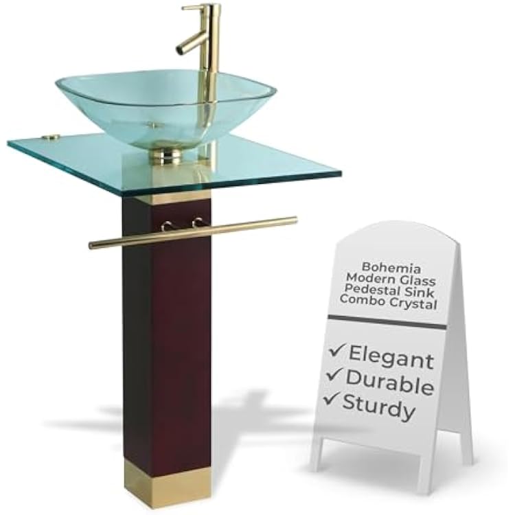 Renovators Supply Manufacturing Bohemia Tempered Glass Pedestal Sink Combo with Gold Faucet, Drain and Towel Bar, Modern Bathroom Sink, 33 H x 23-58 W x 19-34 Projection